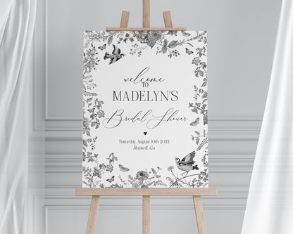 Black Toile De Jouy Bridal Shower Welcome Sign Printable Template, Black Chinoiserie French Wedding Party, Wildflower Bridal Brunch WP1069
