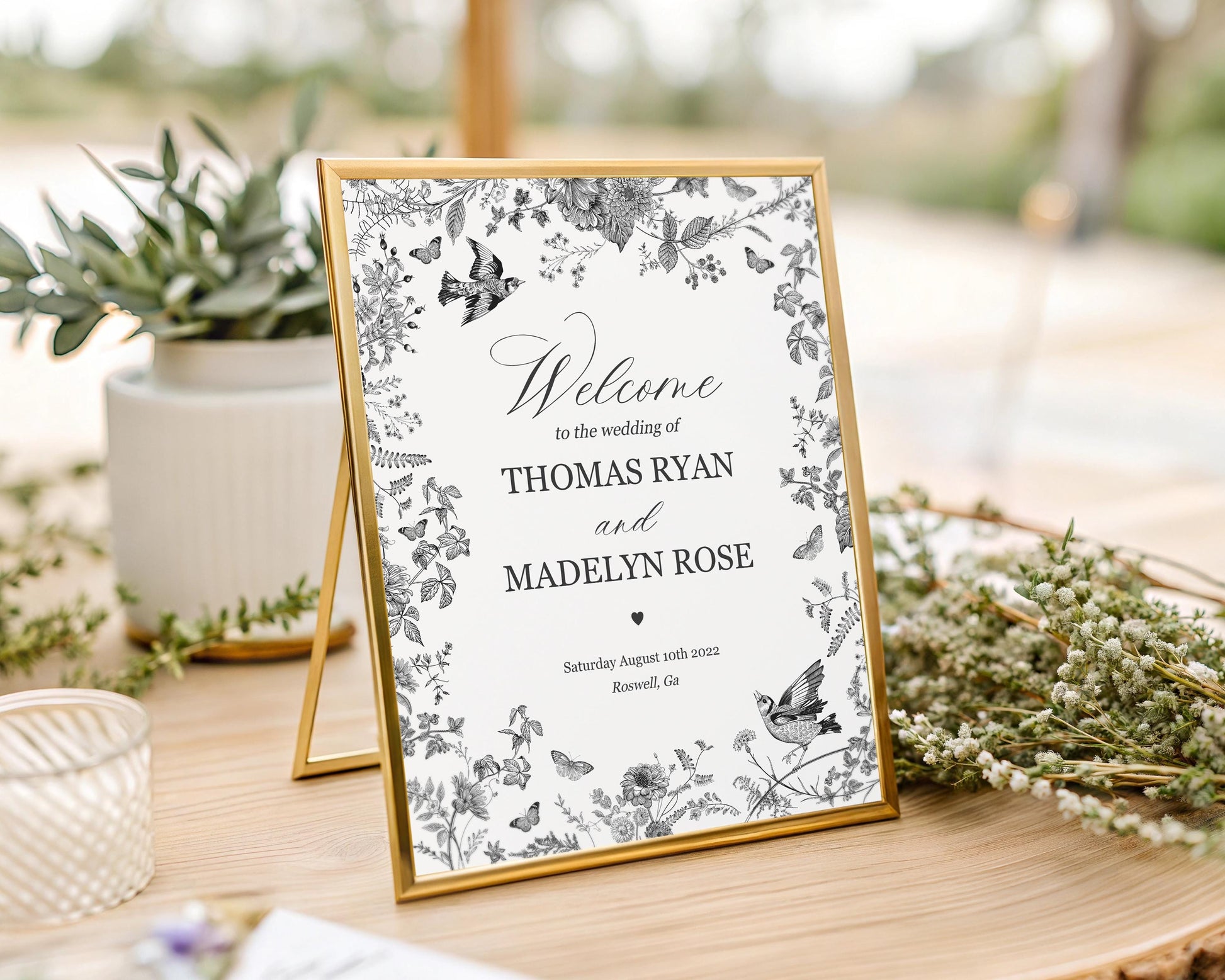 Black Toile de Jouy Wedding Welcome Sign Printable Template, Black Chinoiserie French Theme Engagement Party Sign WP1069