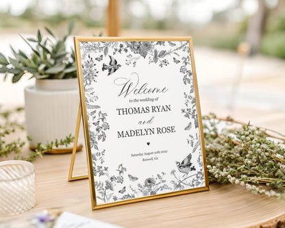 Black Toile de Jouy Wedding Welcome Sign Printable Template, Black Chinoiserie French Theme Engagement Party Sign WP1069