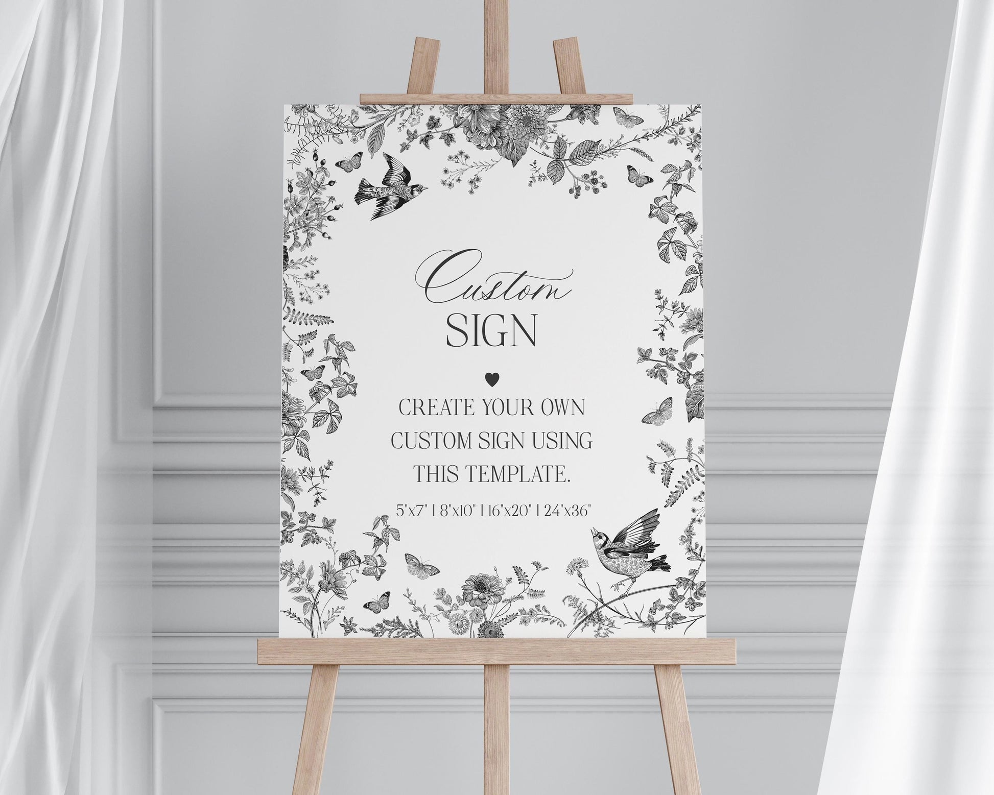 Black Toile De Jouy Custom Sign Template, Black Chinoiserie Bridal Shower, Wildflower Toile Baby Shower Sign, Toile Birthday Party WP1069