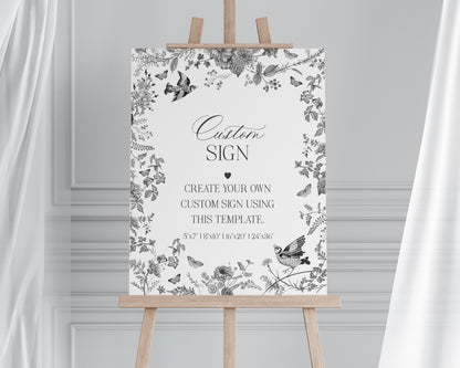 Black Toile De Jouy Custom Sign Template, Black Chinoiserie Bridal Shower, Wildflower Toile Baby Shower Sign, Toile Birthday Party WP1069