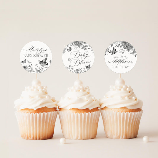 Black Toile de Jouy Baby Shower Cupcake Toppers Printable Template, Baby in Bloom Wildflower Baby Brunch, Chinoiserie Nesting Party WP1069