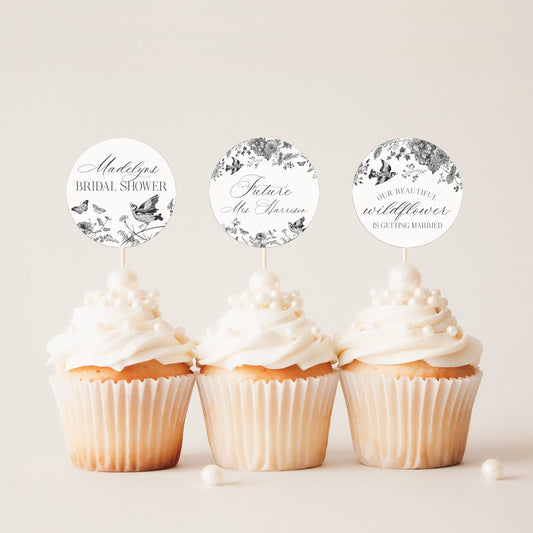 Black Toile de Jouy Bridal Shower Cupcake Topper Printable Template, Black Chinoiserie French Wedding Party, Wildflower Bridal Brunch WP1069
