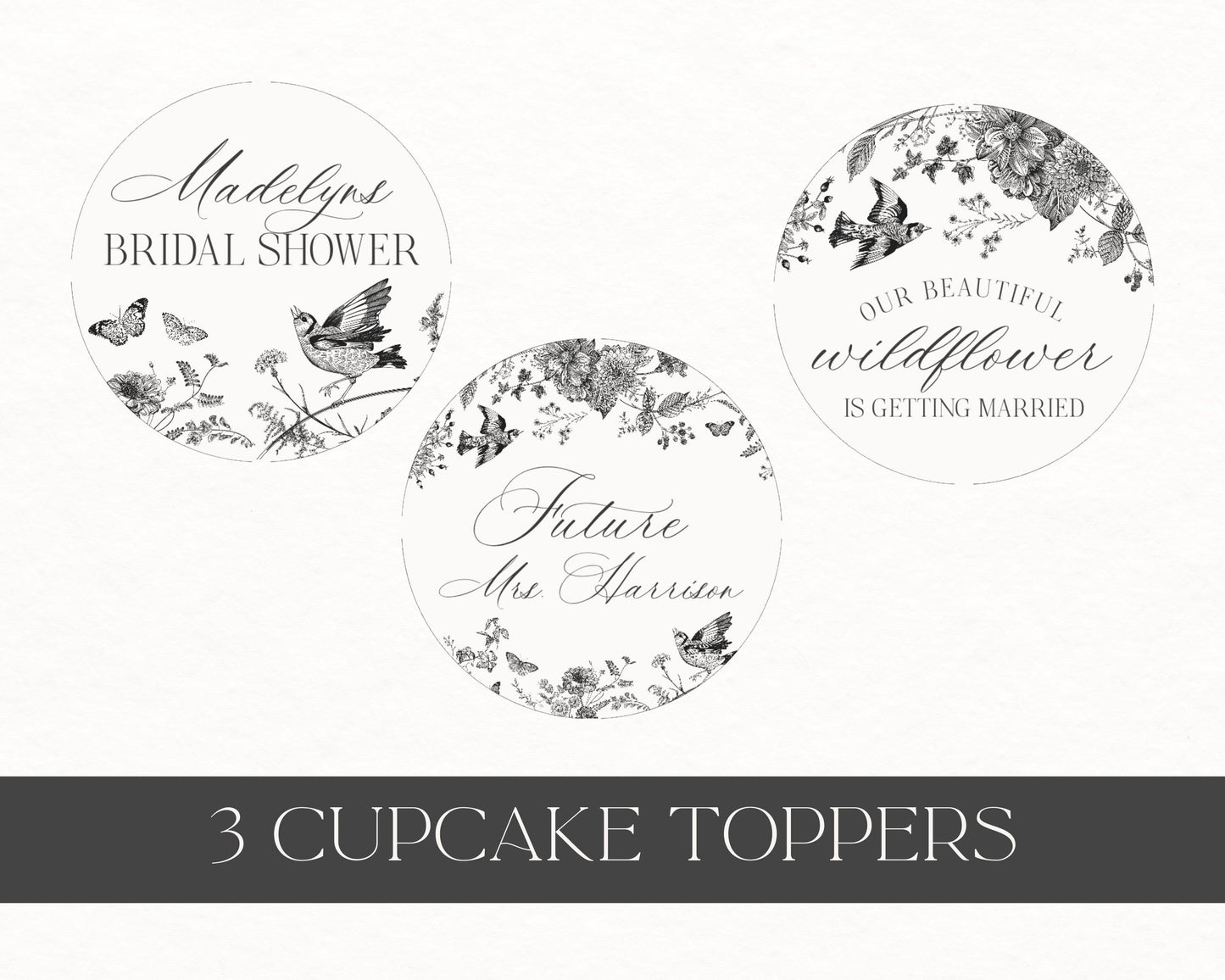 Black Toile de Jouy Bridal Shower Cupcake Topper Printable Template, Black Chinoiserie French Wedding Party, Wildflower Bridal Brunch WP1069