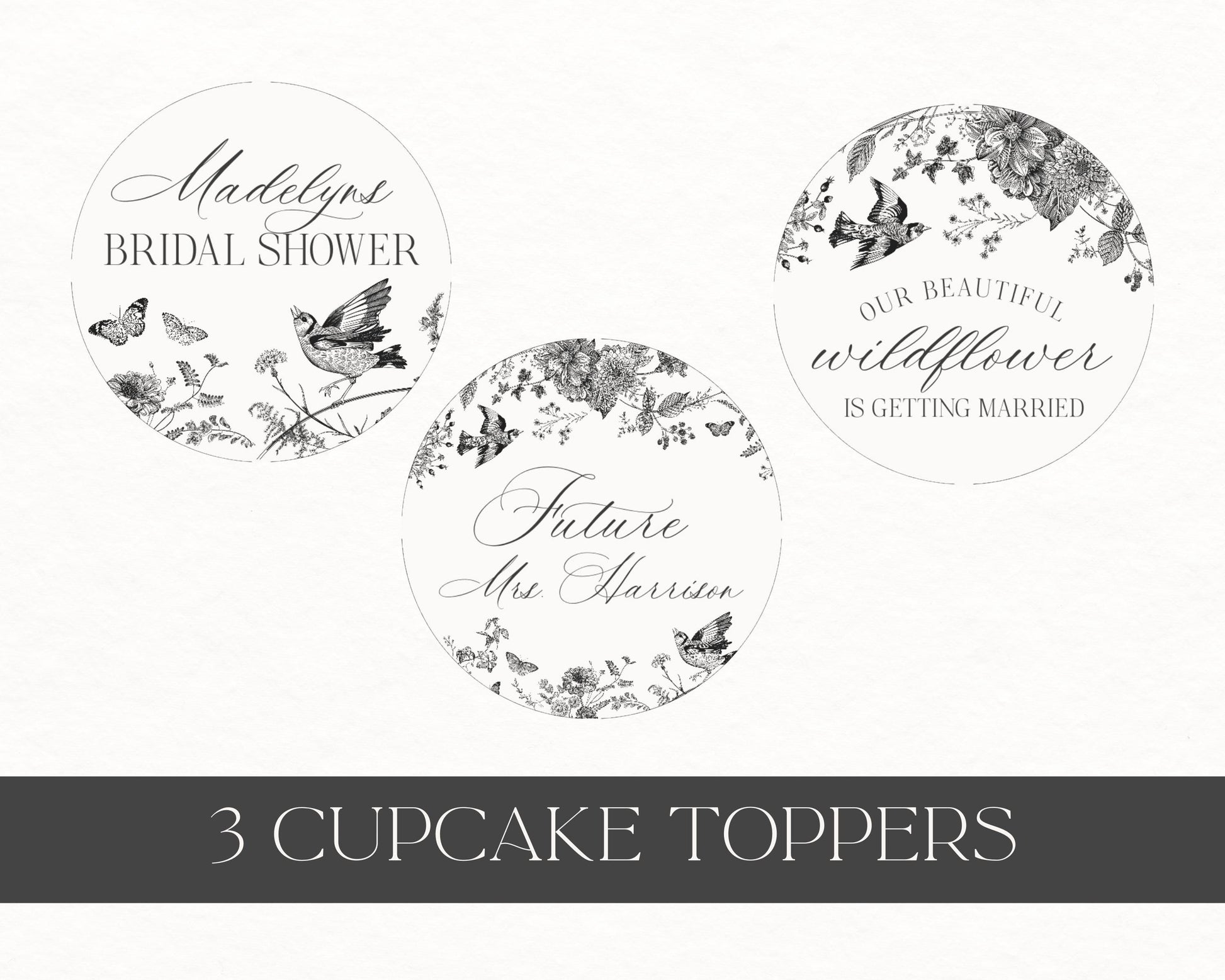 Black Toile de Jouy Bridal Shower Cupcake Topper Printable Template, Black Chinoiserie French Wedding Party, Wildflower Bridal Brunch WP1069