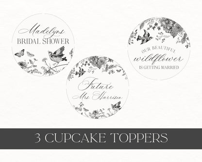 Black Toile de Jouy Bridal Shower Cupcake Topper Printable Template, Black Chinoiserie French Wedding Party, Wildflower Bridal Brunch WP1069