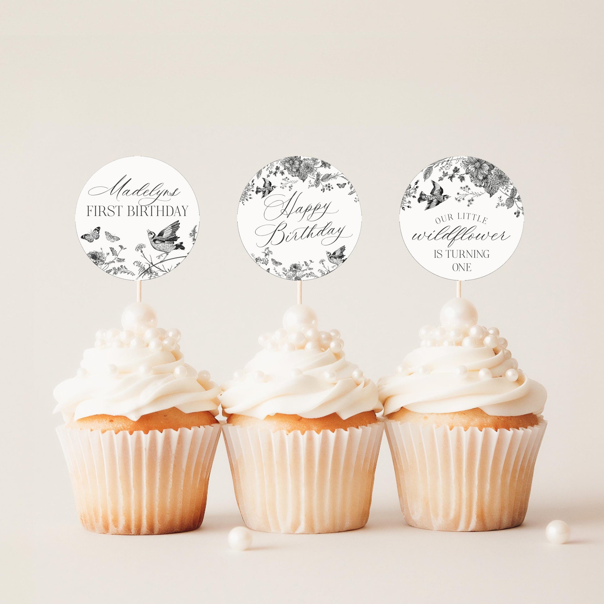 Black Toile de Jouy Birthday Cupcake Toppers Printable Template, Black Chinoiserie Birthday Party Decor, Wildflower Toile Decorations WP1069