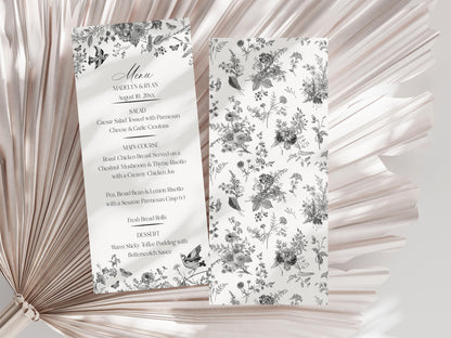 Black Toile De Jouy Printable Wedding Menu Template, Black Chinoiserie Bridal Shower, Wildflower Toile Baby Shower, Birthday Party WP1069