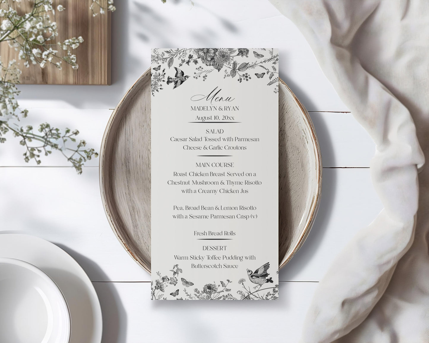 Black Toile De Jouy Printable Wedding Menu Template, Black Chinoiserie Bridal Shower, Wildflower Toile Baby Shower, Birthday Party WP1069