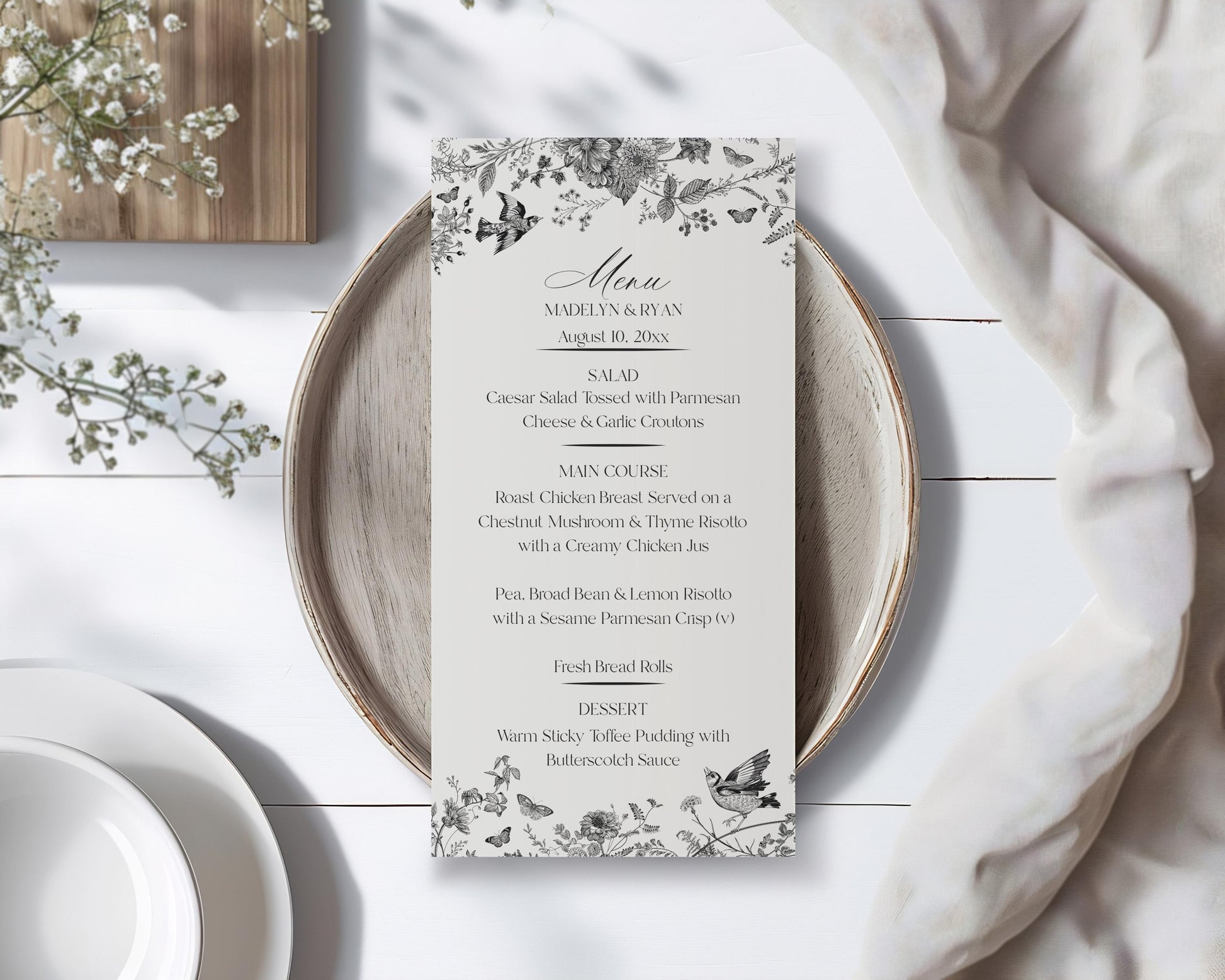 Black Toile De Jouy Printable Wedding Menu Template, Black Chinoiserie Bridal Shower, Wildflower Toile Baby Shower, Birthday Party WP1069