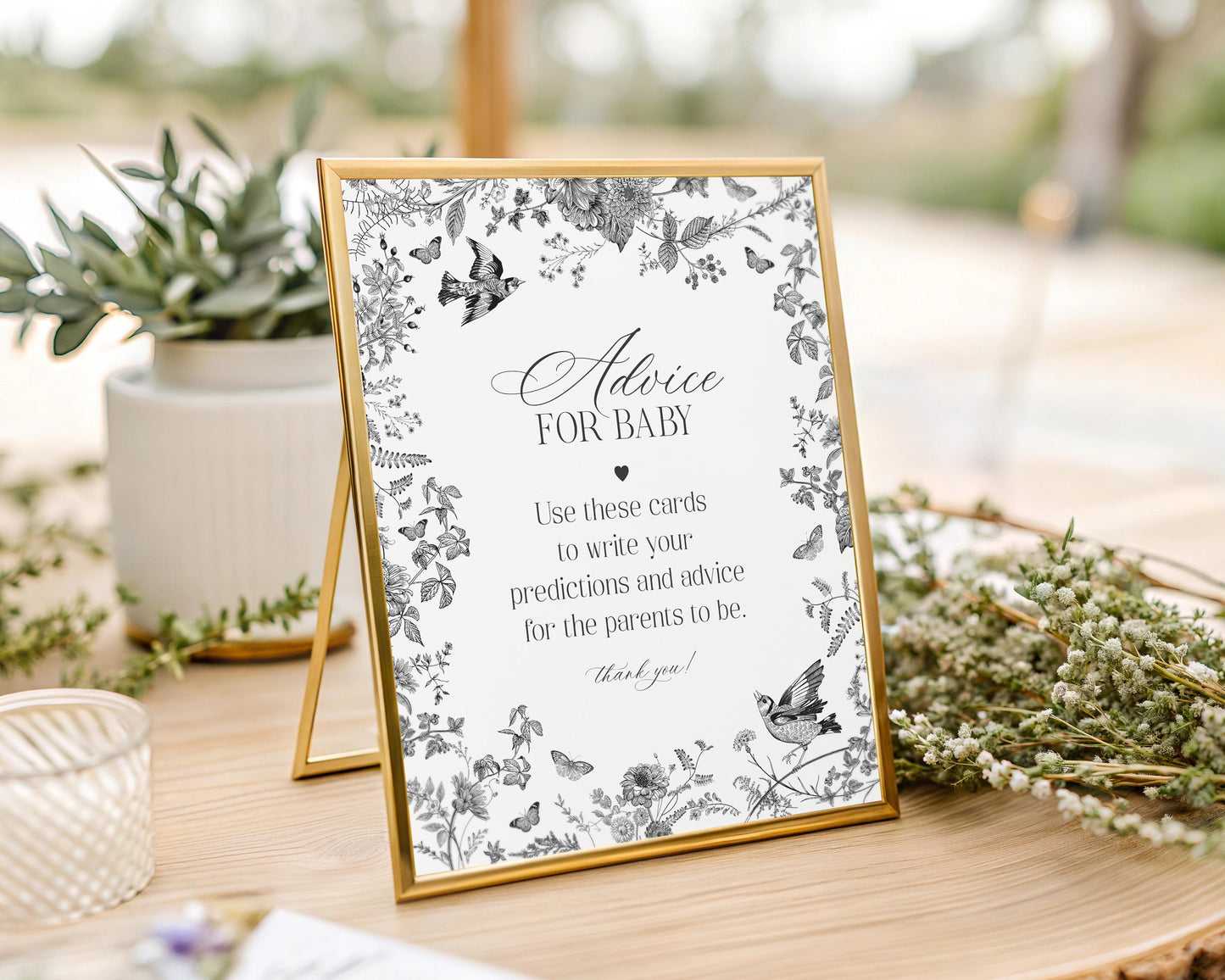 Black Toile De Jouy Advice for Baby Cards Template, Baby in Bloom Wildflower Baby Brunch, Black Chinoiserie Nesting Party Game WP1069