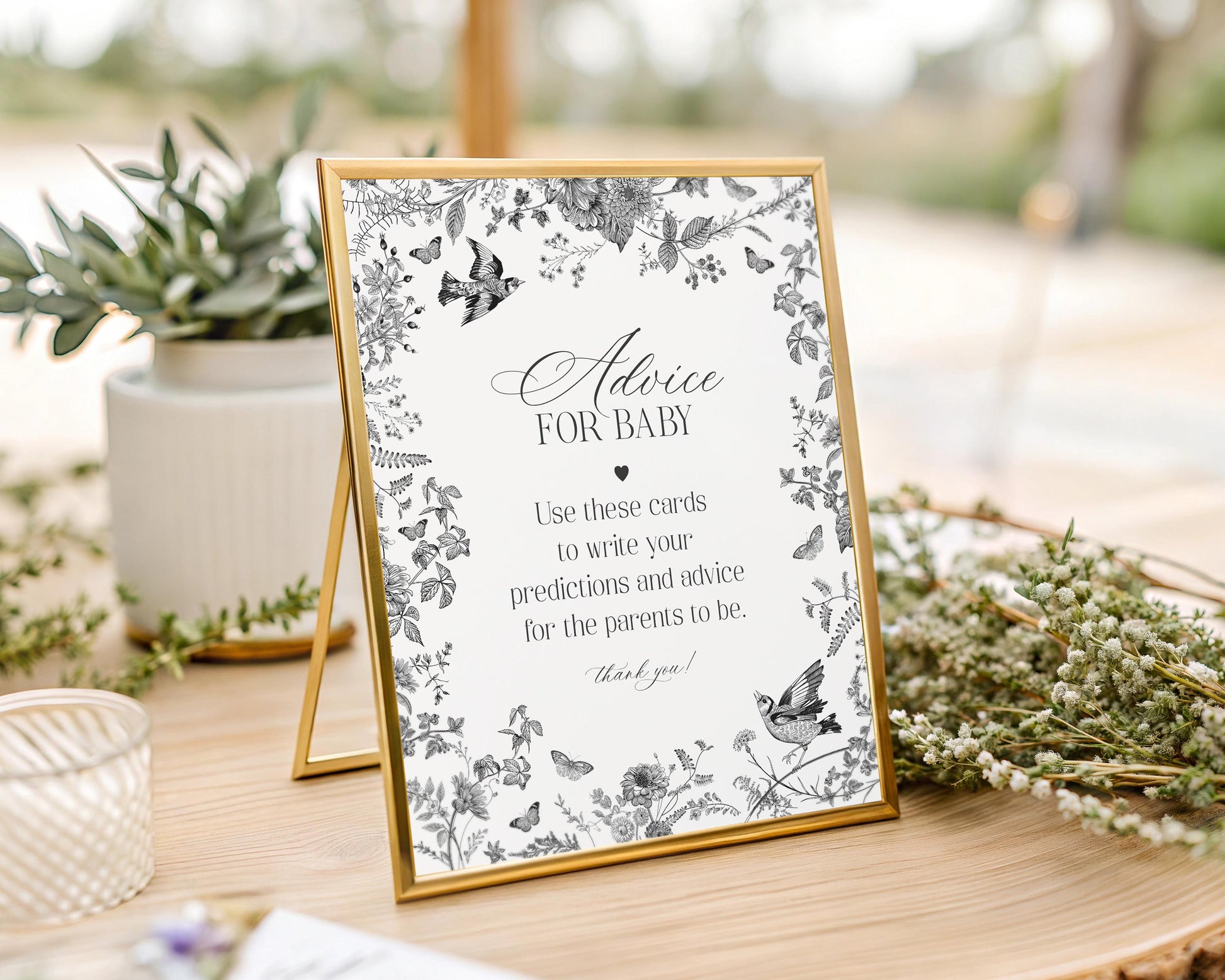 Black Toile De Jouy Advice for Baby Cards Template, Baby in Bloom Wildflower Baby Brunch, Black Chinoiserie Nesting Party Game WP1069