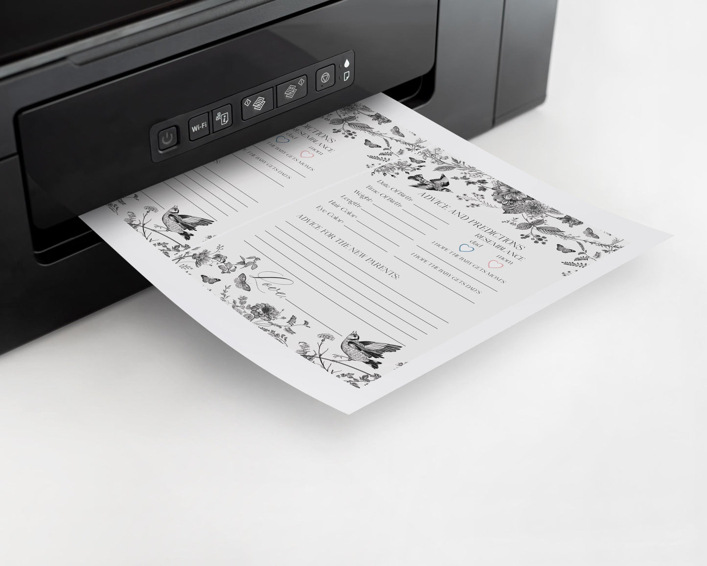 Black Toile De Jouy Advice for Baby Cards Template, Baby in Bloom Wildflower Baby Brunch, Black Chinoiserie Nesting Party Game WP1069