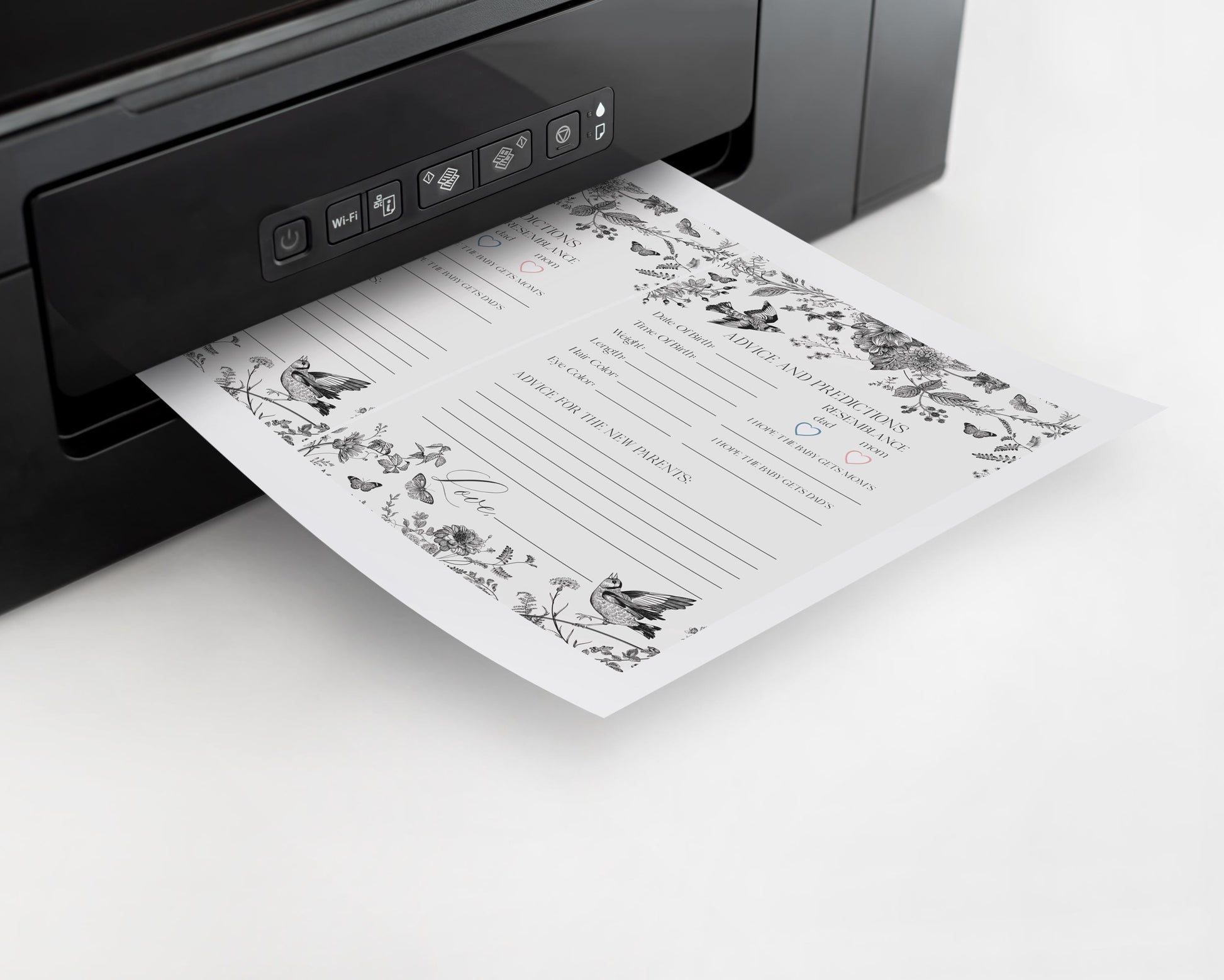 Black Toile De Jouy Advice for Baby Cards Template, Baby in Bloom Wildflower Baby Brunch, Black Chinoiserie Nesting Party Game WP1069