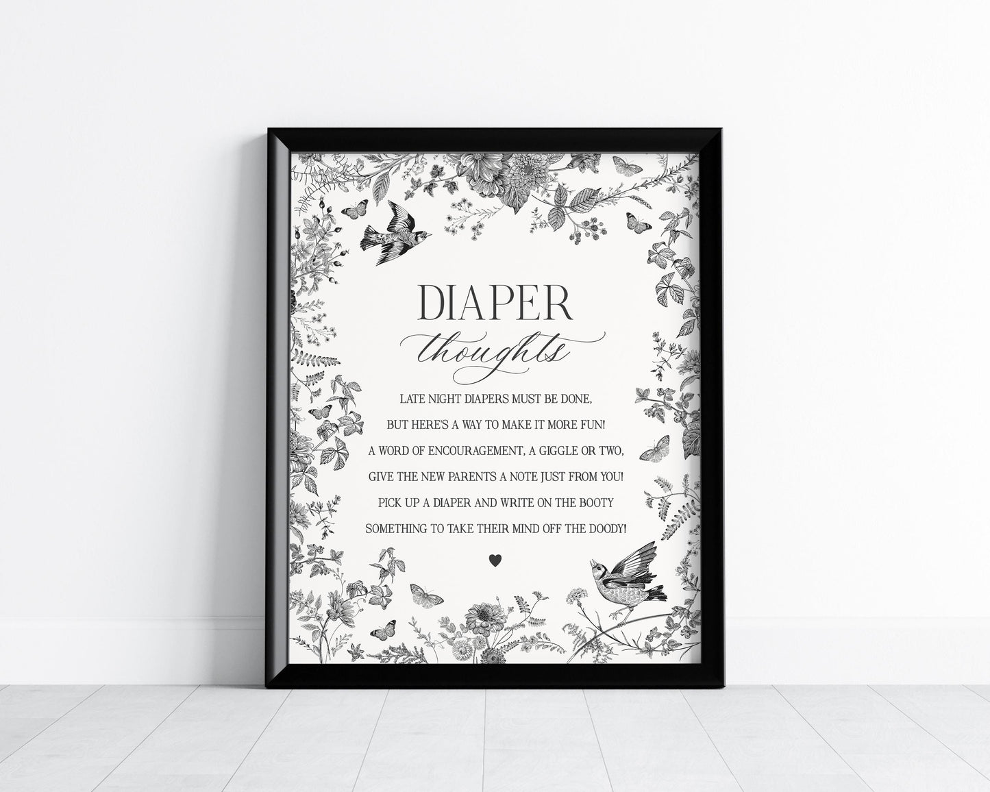 Black Toile De Jouy Baby Shower Diaper Thoughts Template, Baby in Bloom Wildflower Baby Brunch, Black Chinoiserie Nesting Party Game WP1069