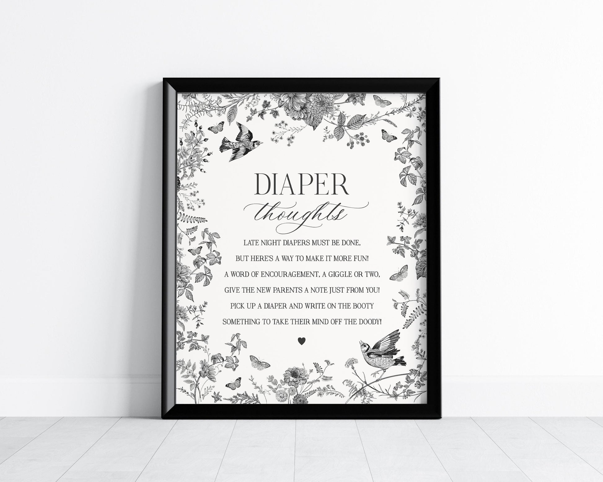 Black Toile De Jouy Baby Shower Diaper Thoughts Template, Baby in Bloom Wildflower Baby Brunch, Black Chinoiserie Nesting Party Game WP1069