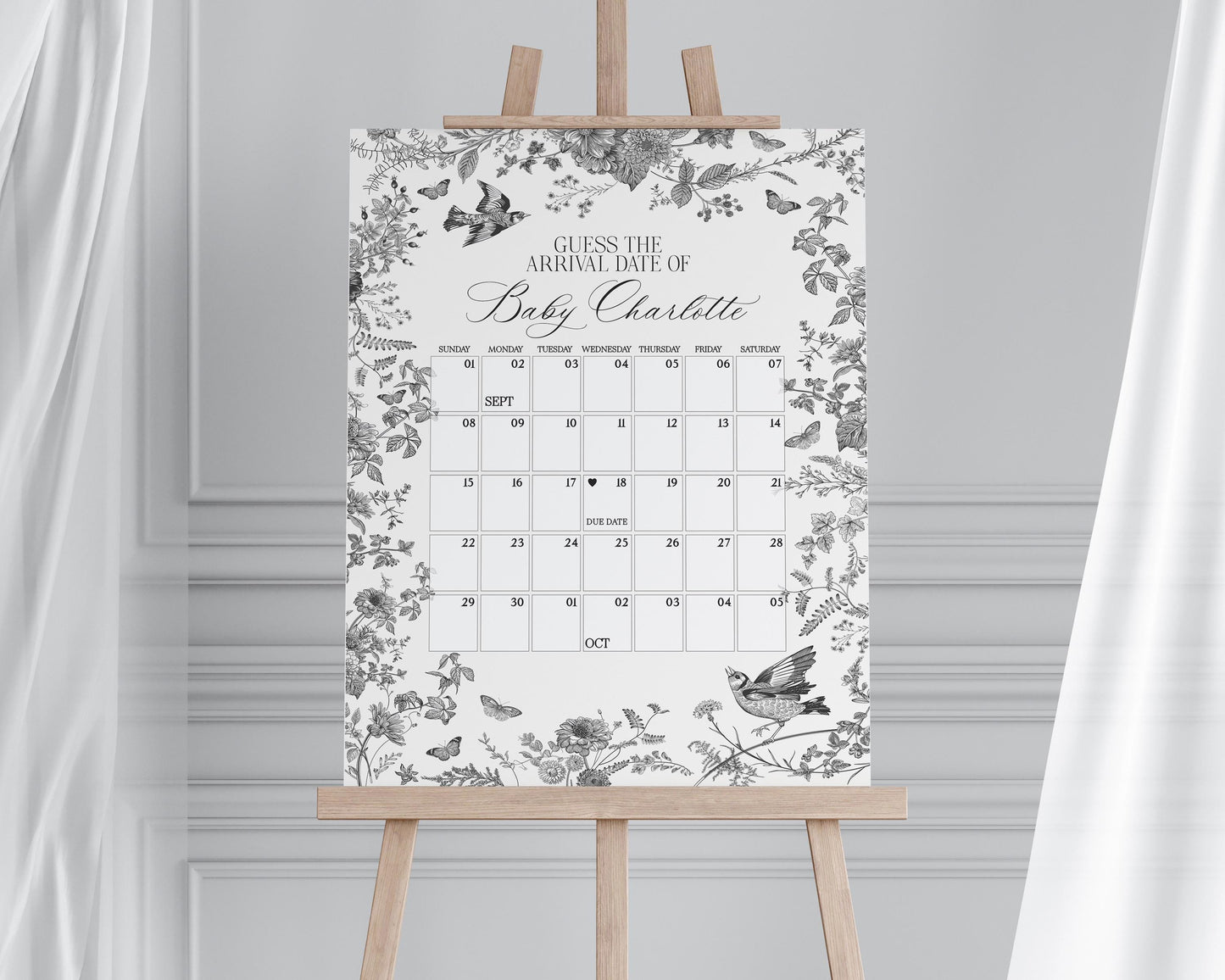 Black Toile De Jouy Baby Shower Guess the Date Game Template, Baby in Bloom Wildflower Baby Brunch, Black Chinoiserie Nesting Party WP1069