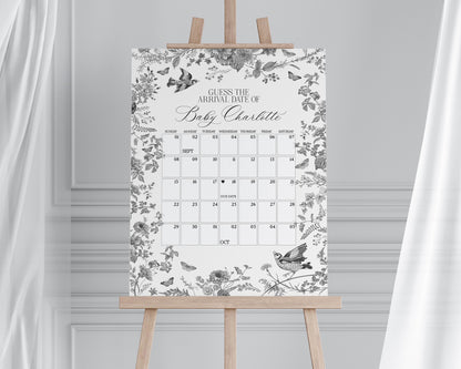 Black Toile De Jouy Baby Shower Guess the Date Game Template, Baby in Bloom Wildflower Baby Brunch, Black Chinoiserie Nesting Party WP1069
