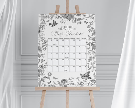 Black Toile De Jouy Baby Shower Guess the Date Game Template, Baby in Bloom Wildflower Baby Brunch, Black Chinoiserie Nesting Party WP1069