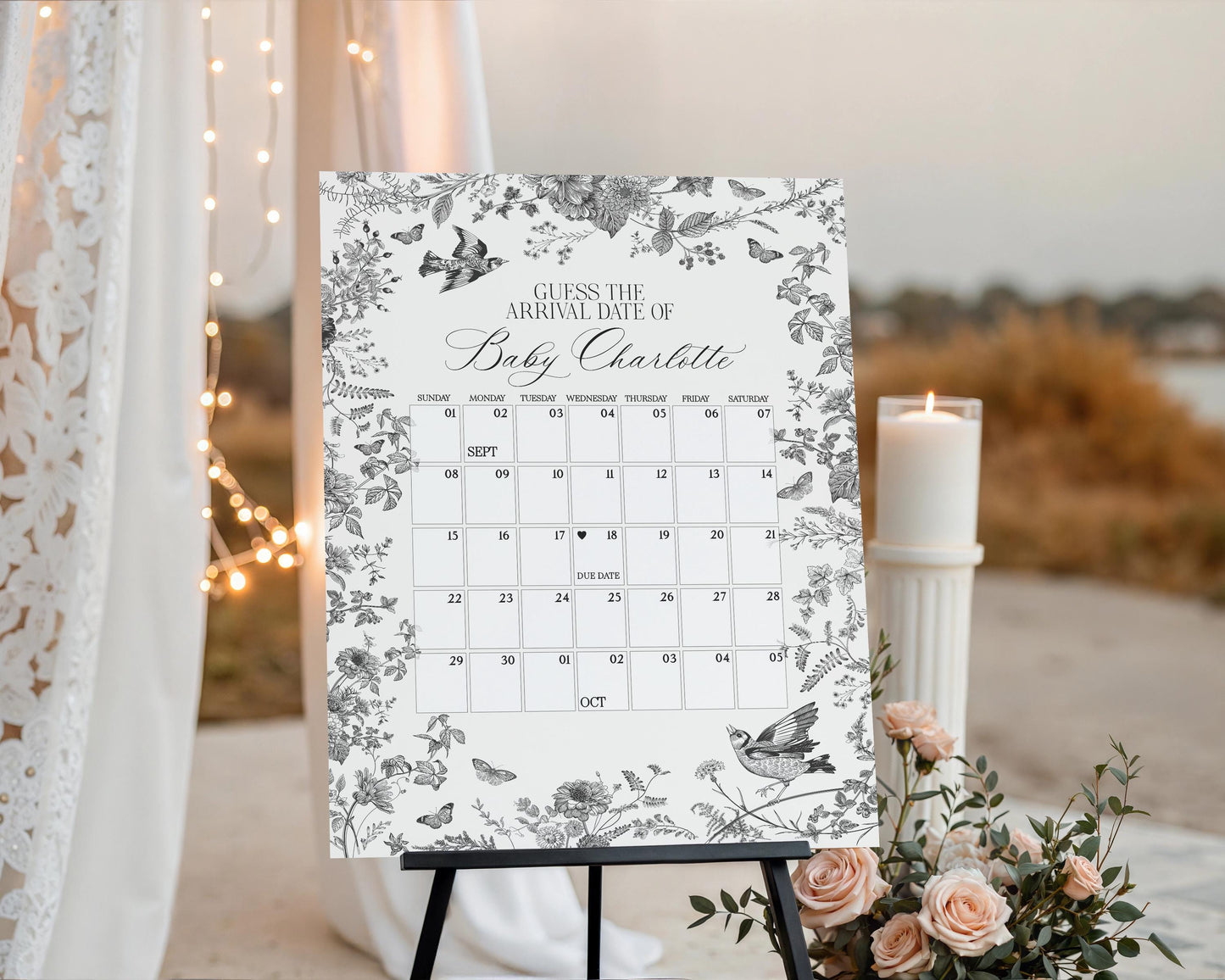 Black Toile De Jouy Baby Shower Guess the Date Game Template, Baby in Bloom Wildflower Baby Brunch, Black Chinoiserie Nesting Party WP1069