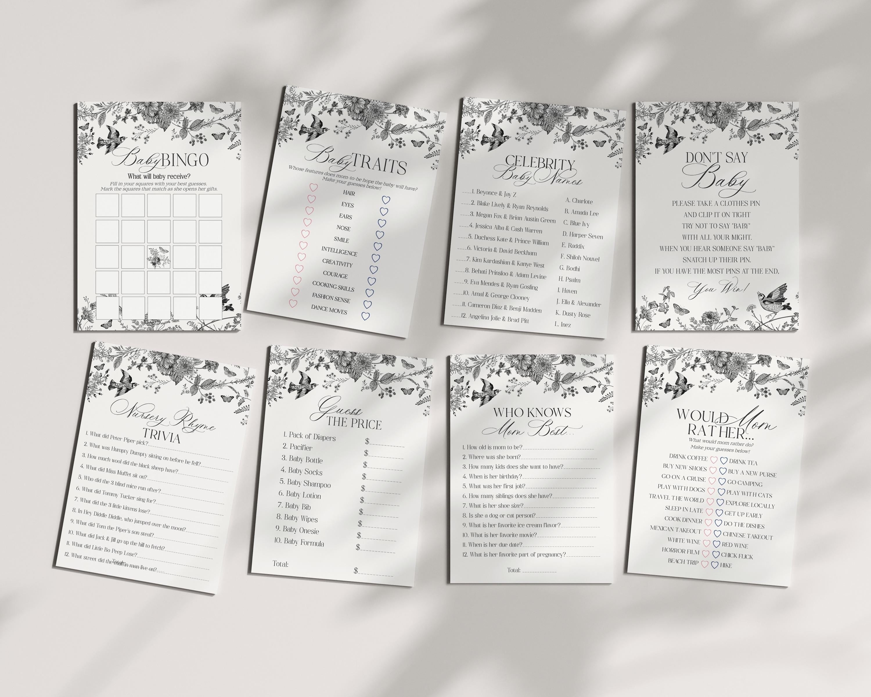 Black Toile De Jouy Baby Shower Games Set Printable Template, Baby in Bloom Wildflower Baby Brunch, Black Chinoiserie Nesting Party WP1069