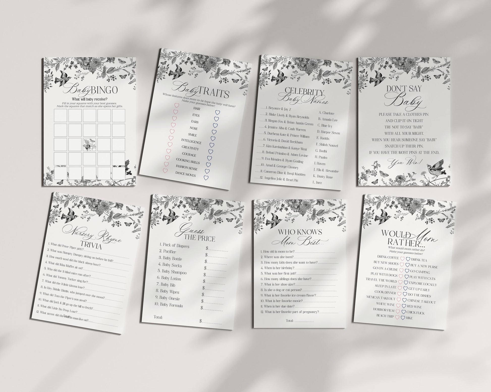 Black Toile De Jouy Baby Shower Games Set Printable Template, Baby in Bloom Wildflower Baby Brunch, Black Chinoiserie Nesting Party WP1069