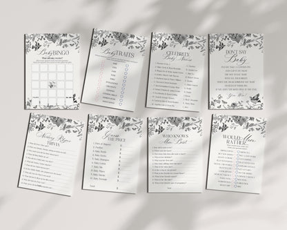 Black Toile De Jouy Baby Shower Games Set Printable Template, Baby in Bloom Wildflower Baby Brunch, Black Chinoiserie Nesting Party WP1069