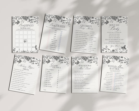 Black Toile De Jouy Baby Shower Games Set Printable Template, Baby in Bloom Wildflower Baby Brunch, Black Chinoiserie Nesting Party WP1069