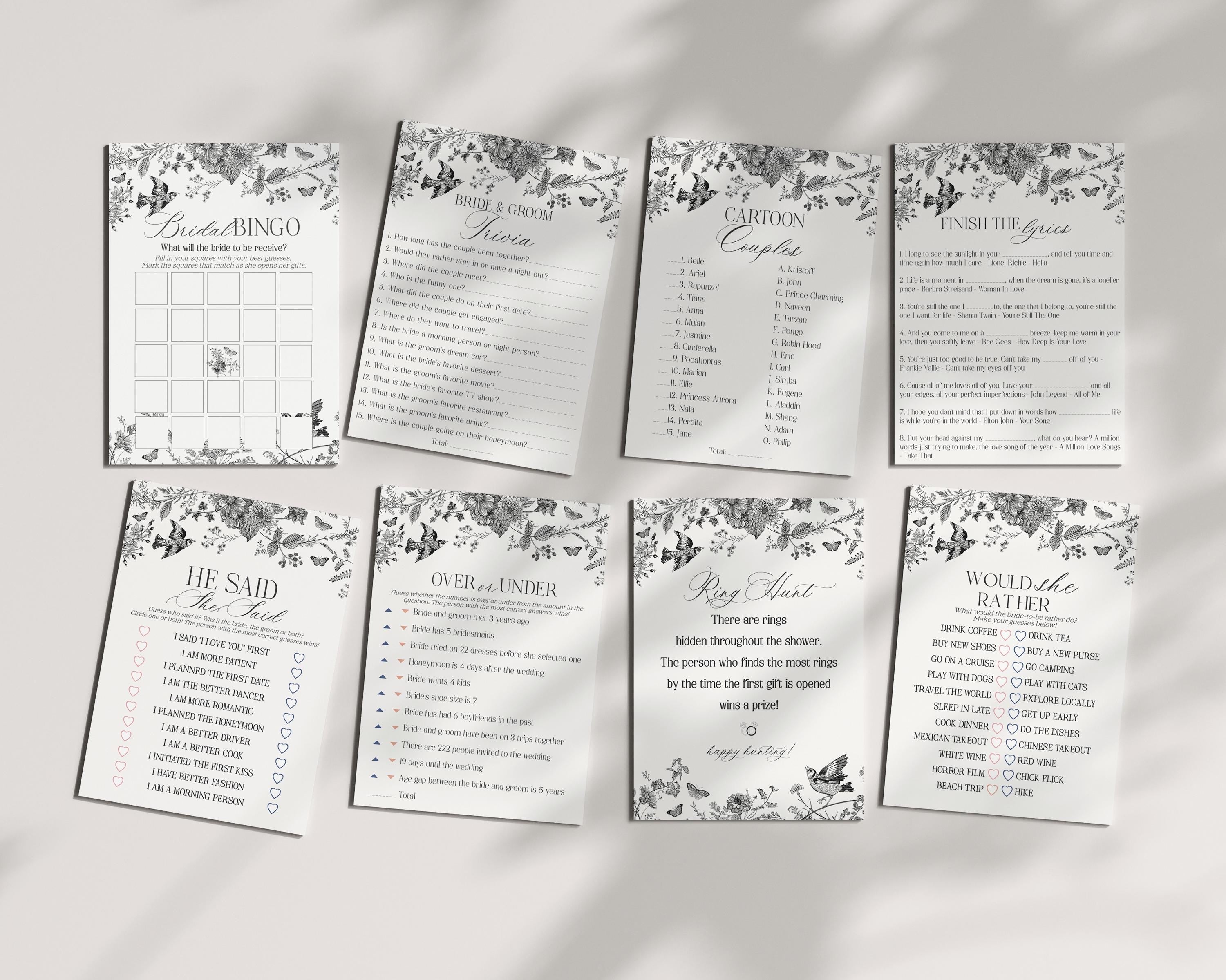 Black Toile De Jouy Bridal Shower Game Set Printable Template, Black Chinoiserie French Theme Wedding Party, Wildflower Bridal Brunch WP1069