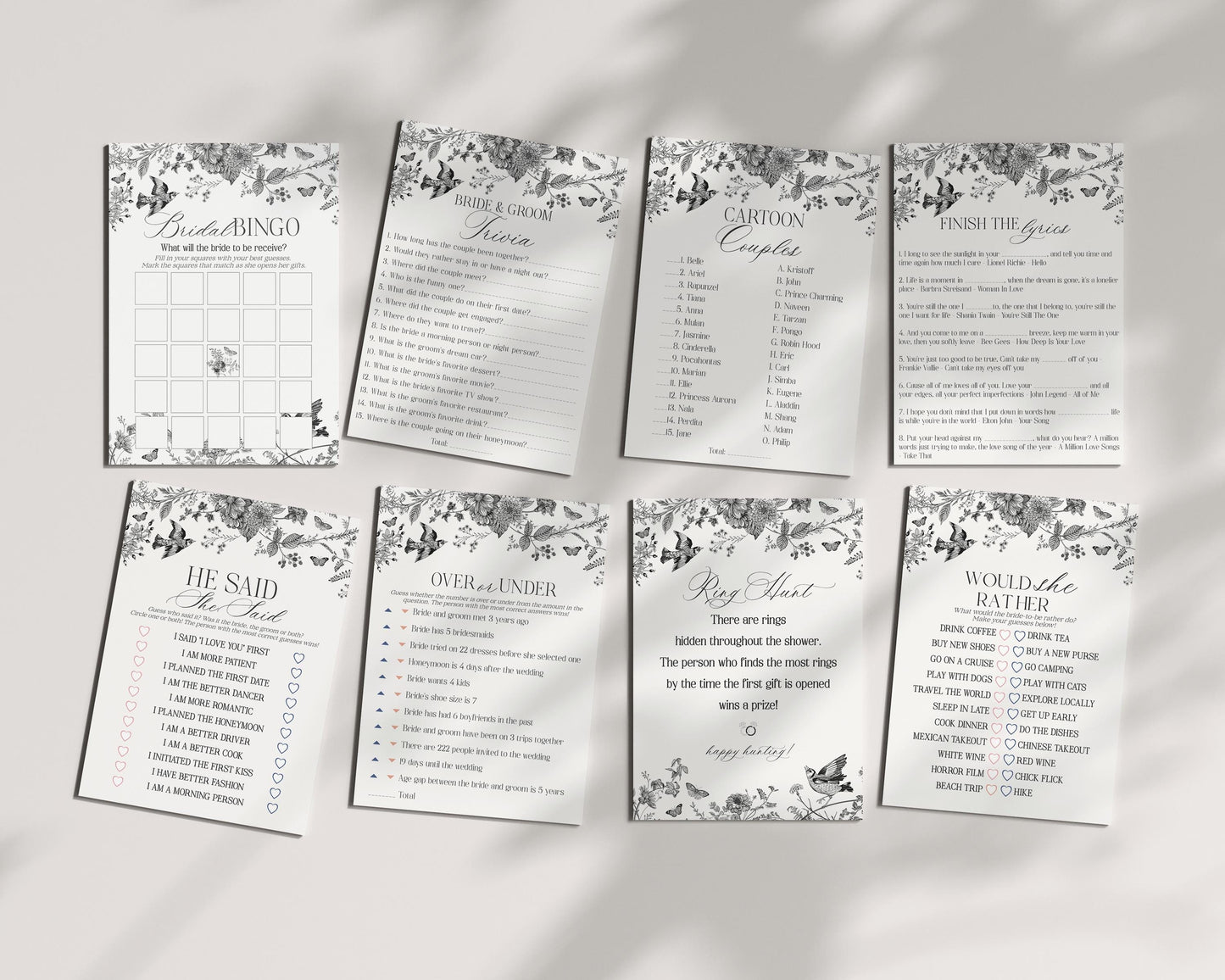 Black Toile De Jouy Bridal Shower Game Set Printable Template, Black Chinoiserie French Theme Wedding Party, Wildflower Bridal Brunch WP1069