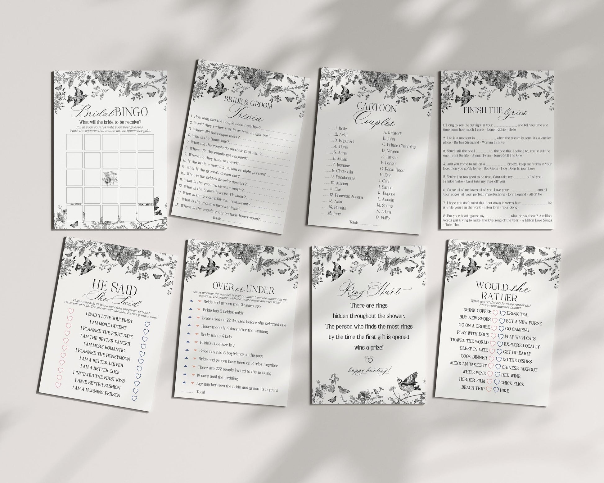 Black Toile De Jouy Bridal Shower Game Set Printable Template, Black Chinoiserie French Theme Wedding Party, Wildflower Bridal Brunch WP1069