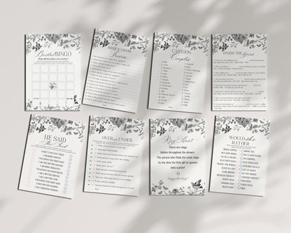Black Toile De Jouy Bridal Shower Game Set Printable Template, Black Chinoiserie French Theme Wedding Party, Wildflower Bridal Brunch WP1069