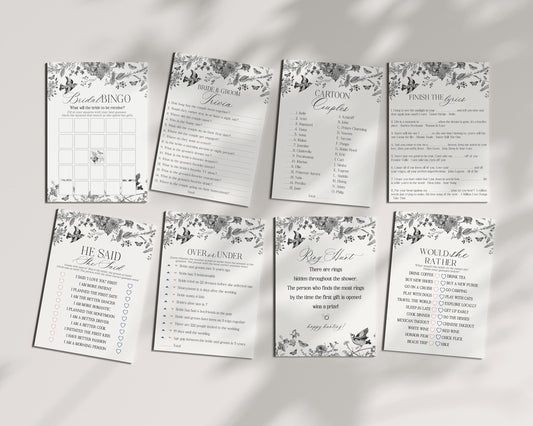 Black Toile De Jouy Bridal Shower Game Set Printable Template, Black Chinoiserie French Theme Wedding Party, Wildflower Bridal Brunch WP1069