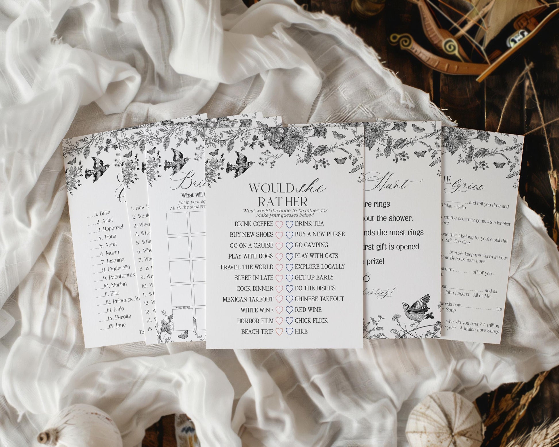 Black Toile De Jouy Bridal Shower Game Set Printable Template, Black Chinoiserie French Theme Wedding Party, Wildflower Bridal Brunch WP1069