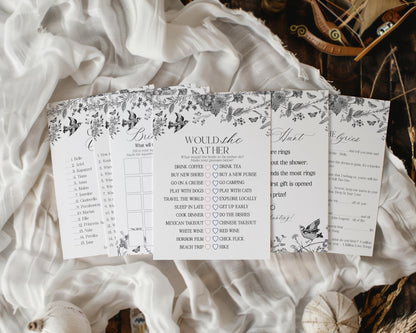 Black Toile De Jouy Bridal Shower Game Set Printable Template, Black Chinoiserie French Theme Wedding Party, Wildflower Bridal Brunch WP1069