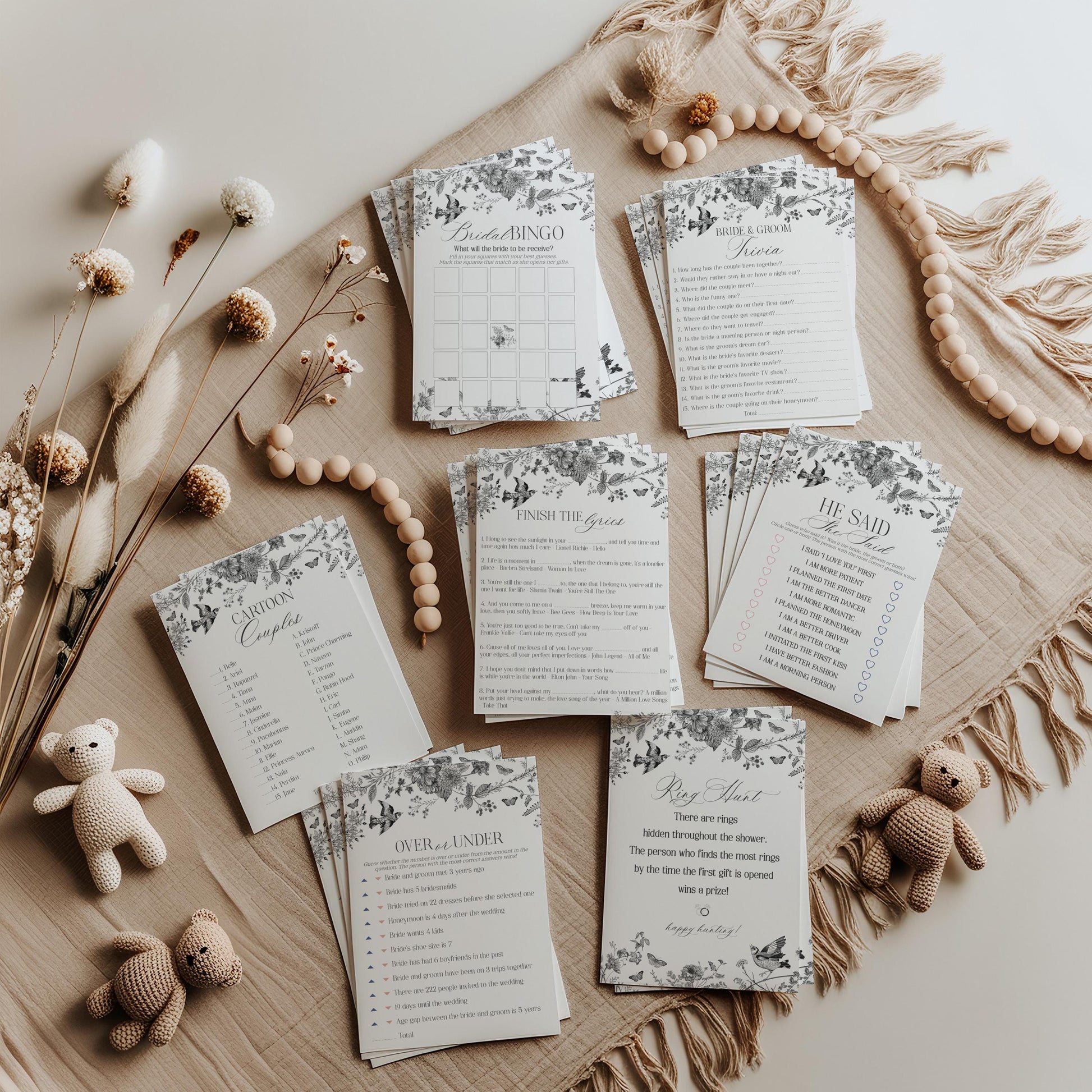 Black Toile De Jouy Bridal Shower Game Set Printable Template, Black Chinoiserie French Theme Wedding Party, Wildflower Bridal Brunch WP1069