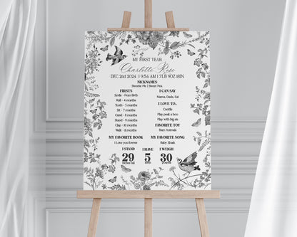 Black Toile De Jouy First Year Milestone Sign Template, Black Chinoiserie 1st Birthday Party Baby Stats Decor, Wildflower Toile WP1069