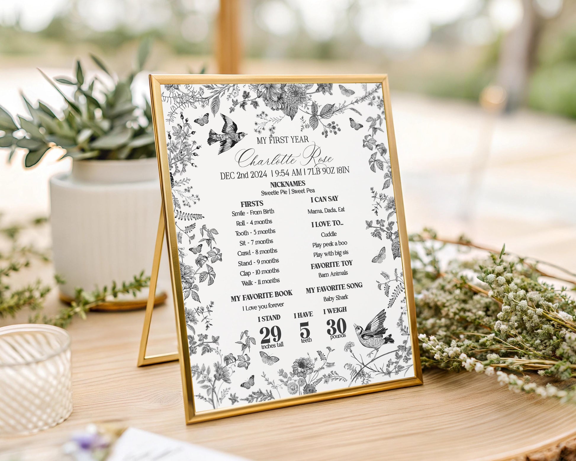 Black Toile De Jouy First Year Milestone Sign Template, Black Chinoiserie 1st Birthday Party Baby Stats Decor, Wildflower Toile WP1069