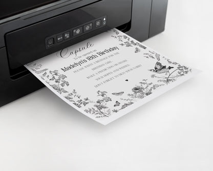 Black Toile De Jouy Time Capsule Printable Template, Black Chinoiserie First Birthday Party Decor, Wildflower Toile Birthday Memories WP1069