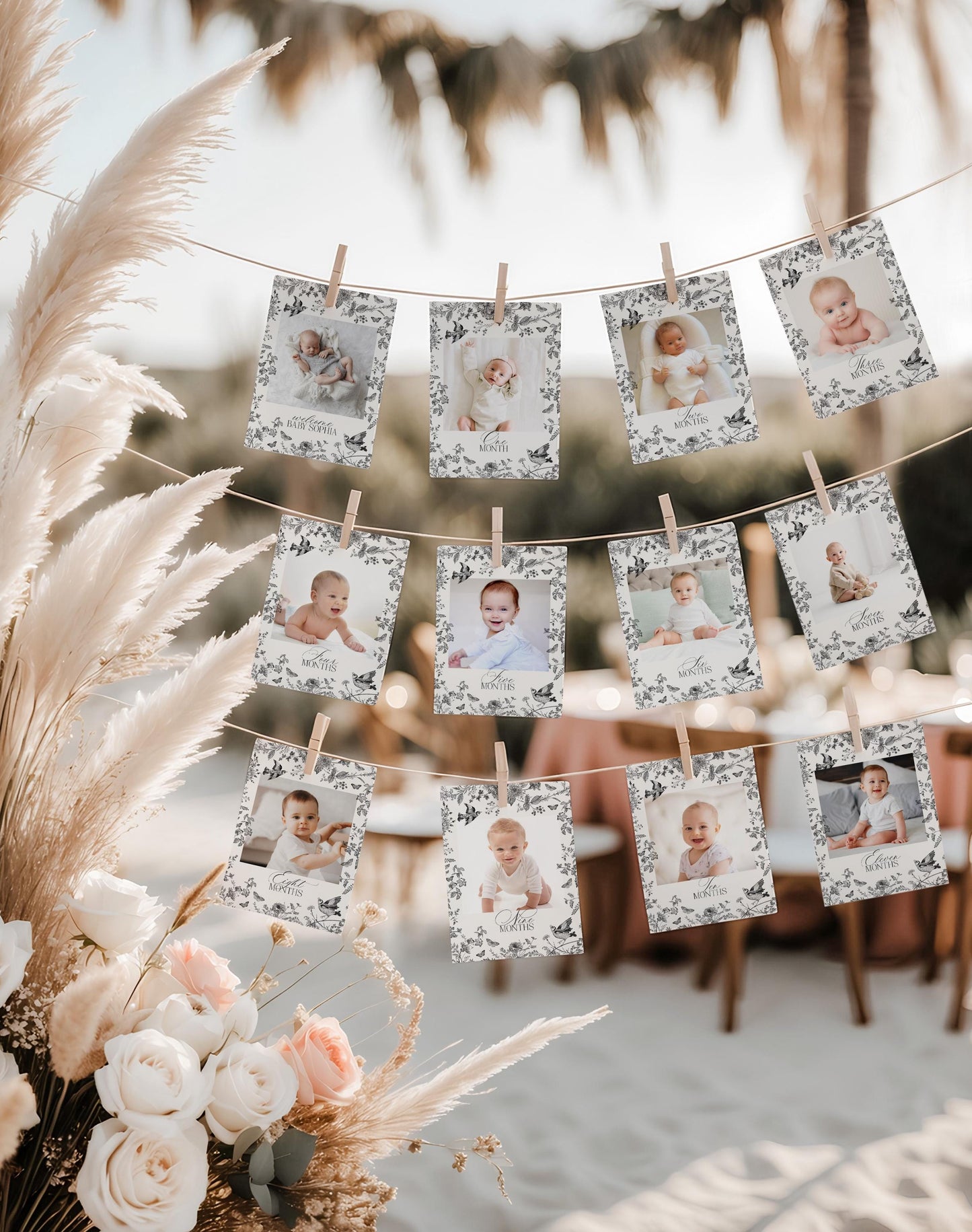 Black Toile De Jouy 1st Birthday Milestone Banner Template, Black Chinoiserie First Birthday Party Decor, Wildflower Toile Banner WP1069