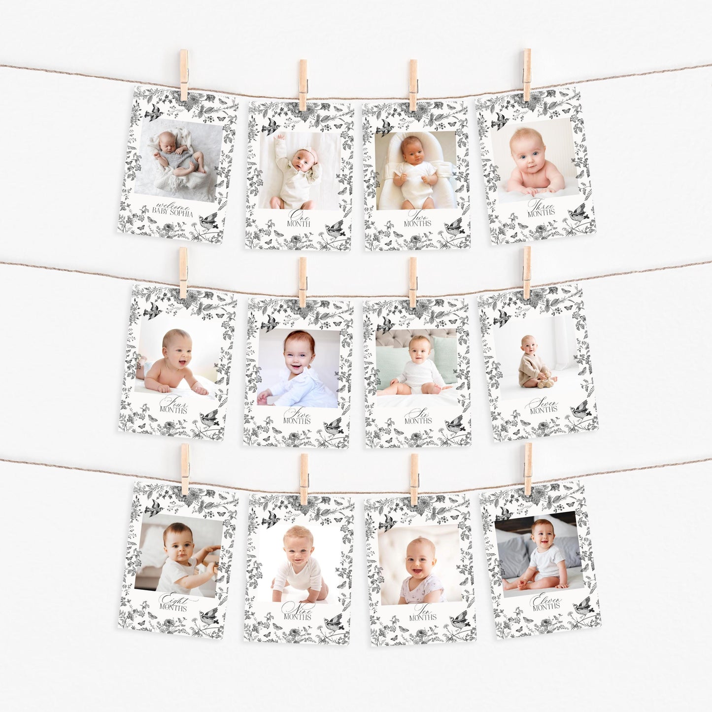 Black Toile De Jouy 1st Birthday Milestone Banner Template, Black Chinoiserie First Birthday Party Decor, Wildflower Toile Banner WP1069