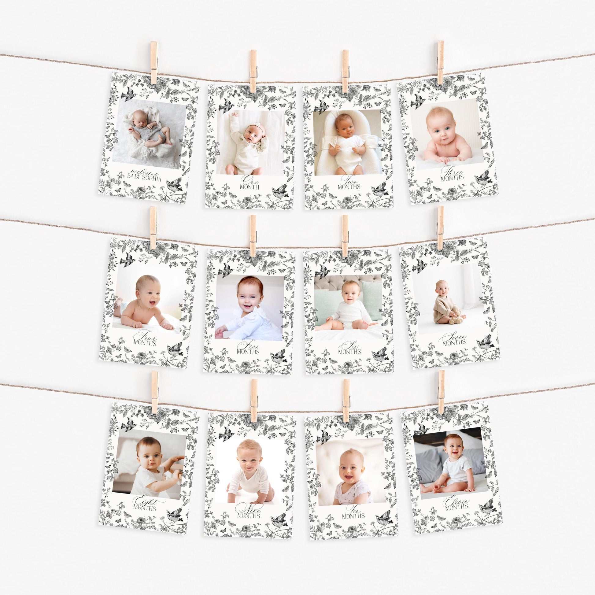 Black Toile De Jouy 1st Birthday Milestone Banner Template, Black Chinoiserie First Birthday Party Decor, Wildflower Toile Banner WP1069