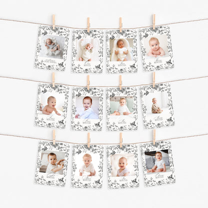 Black Toile De Jouy 1st Birthday Milestone Banner Template, Black Chinoiserie First Birthday Party Decor, Wildflower Toile Banner WP1069