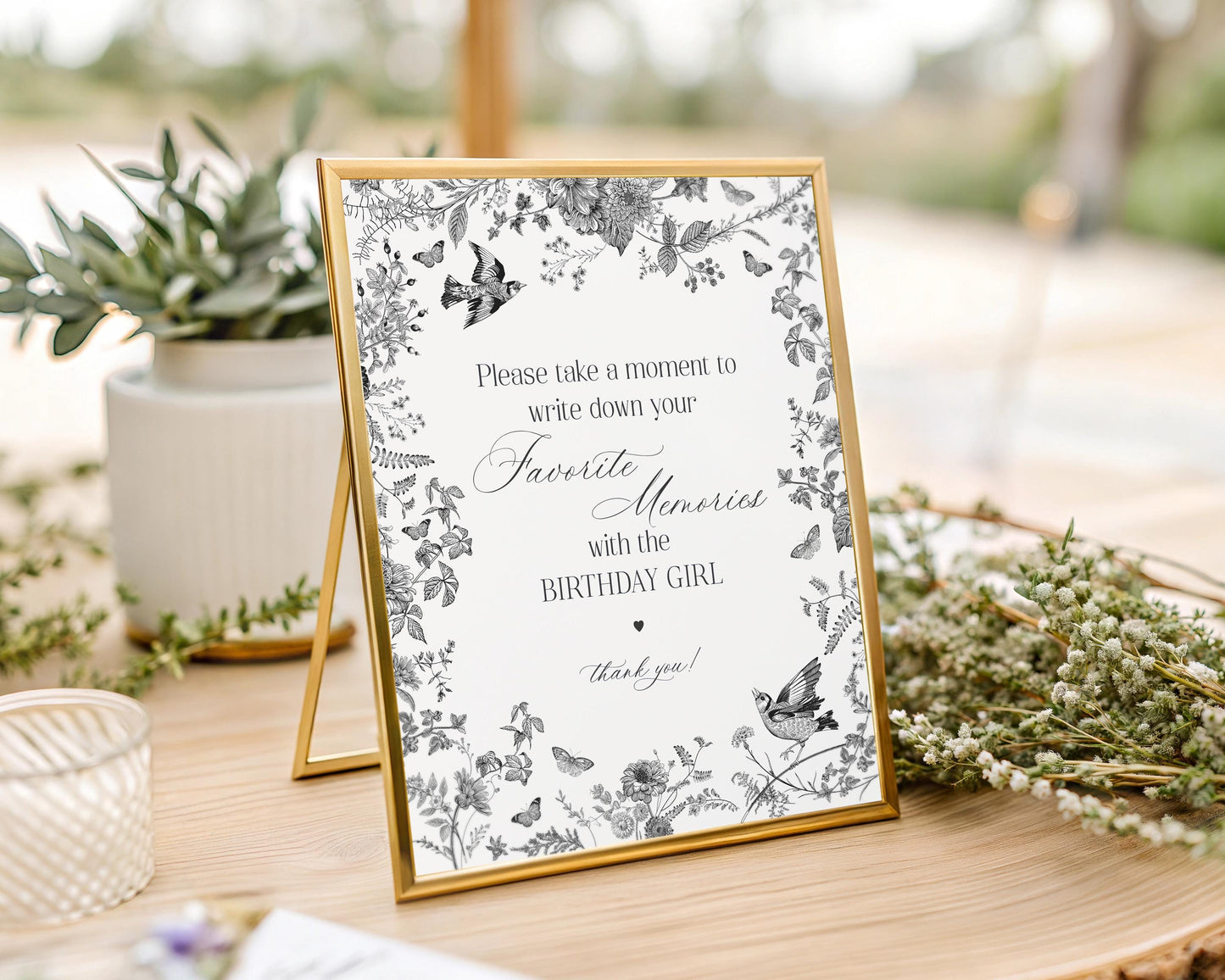 Black Toile De Jouy Favorite Memories with Birthday Girl Template, Black Chinoiserie Birthday Game, Wildflower Toile Letter Guestbook WP1069