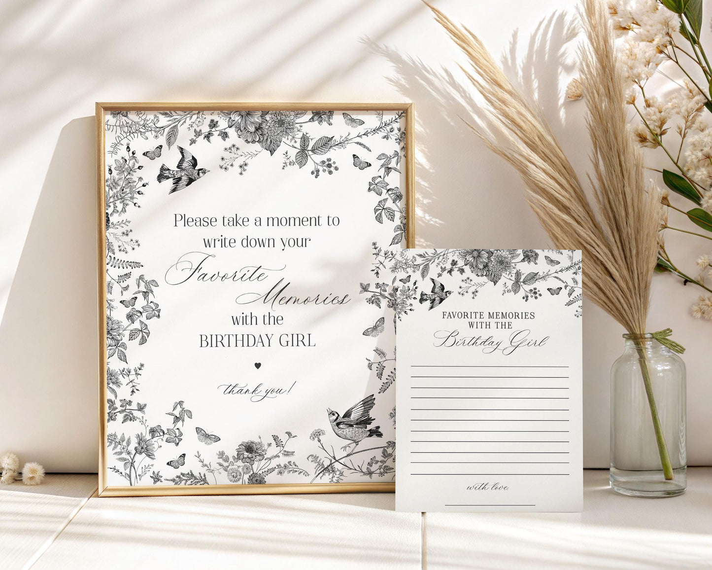 Black Toile De Jouy Favorite Memories with Birthday Girl Template, Black Chinoiserie Birthday Game, Wildflower Toile Letter Guestbook WP1069