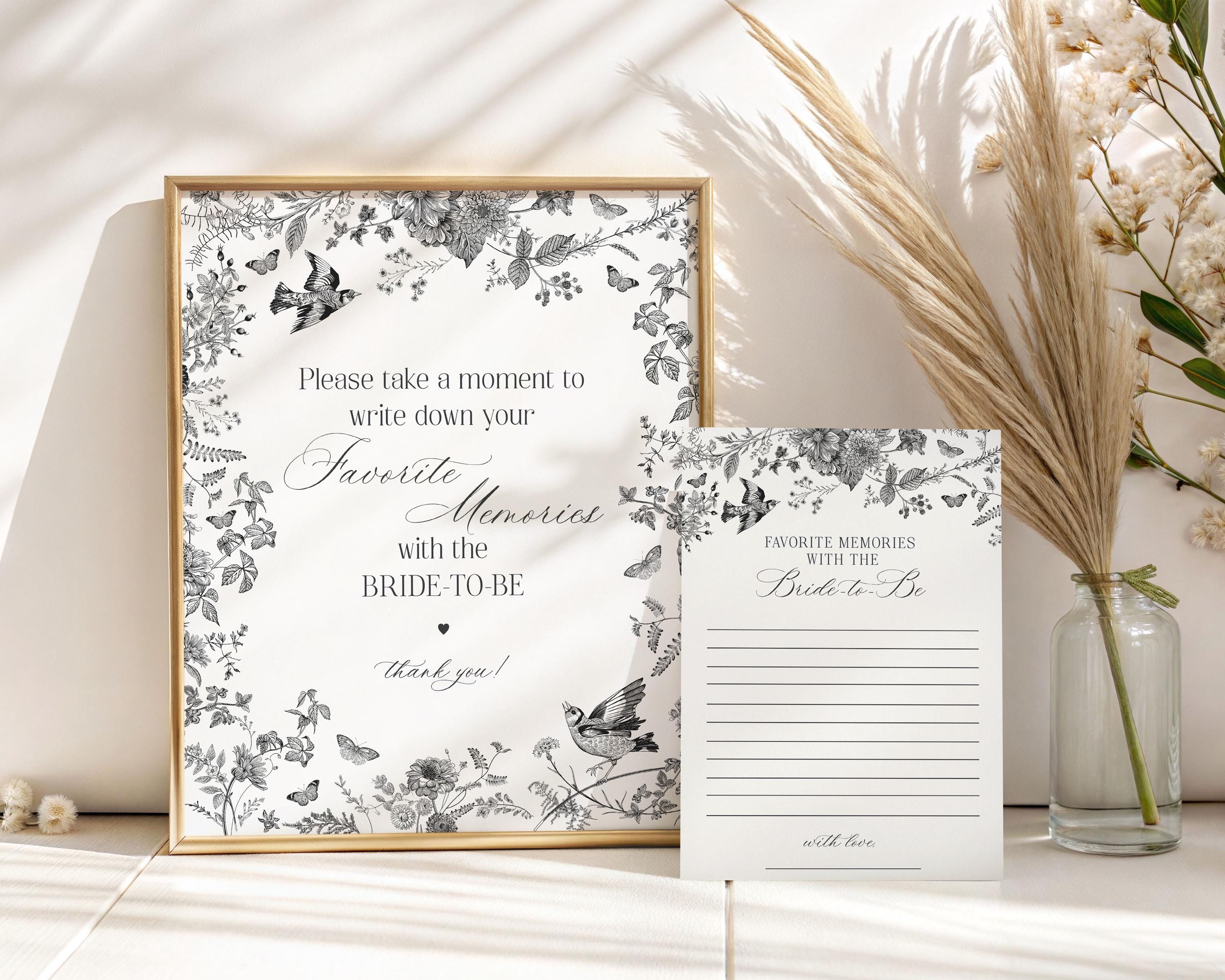 Black Toile De Jouy Favorite Memories with Bride Template, Black Chinoiserie French Engagement Party, Black Wildflower Bridal Brunch WP1069