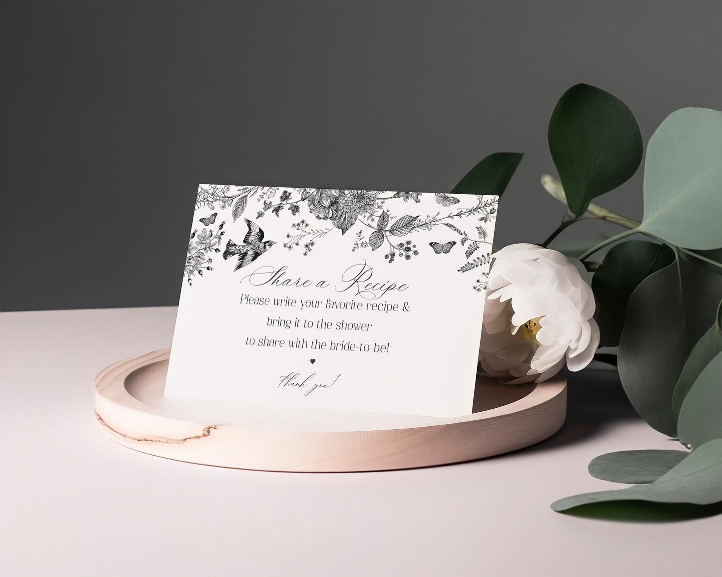 Black Toile De Jouy Recipe Card Template for Bridal Shower, Black Chinoiserie French Theme Couples Shower, Wildflower Bridal Brunch WP1069