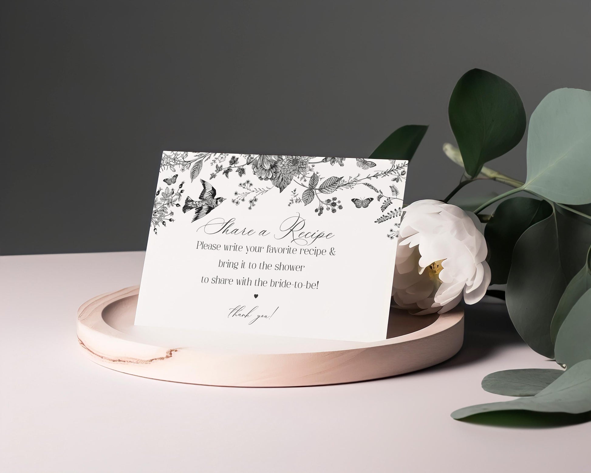 Black Toile De Jouy Recipe Card Template for Bridal Shower, Black Chinoiserie French Theme Couples Shower, Wildflower Bridal Brunch WP1069