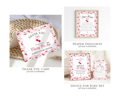 Pink Cherry Gingham Baby Shower Bundle Printable Template, Coquette Sweet Cherry on Top Baby Sprinkle, Pastel Gingham Nesting Party WP1071