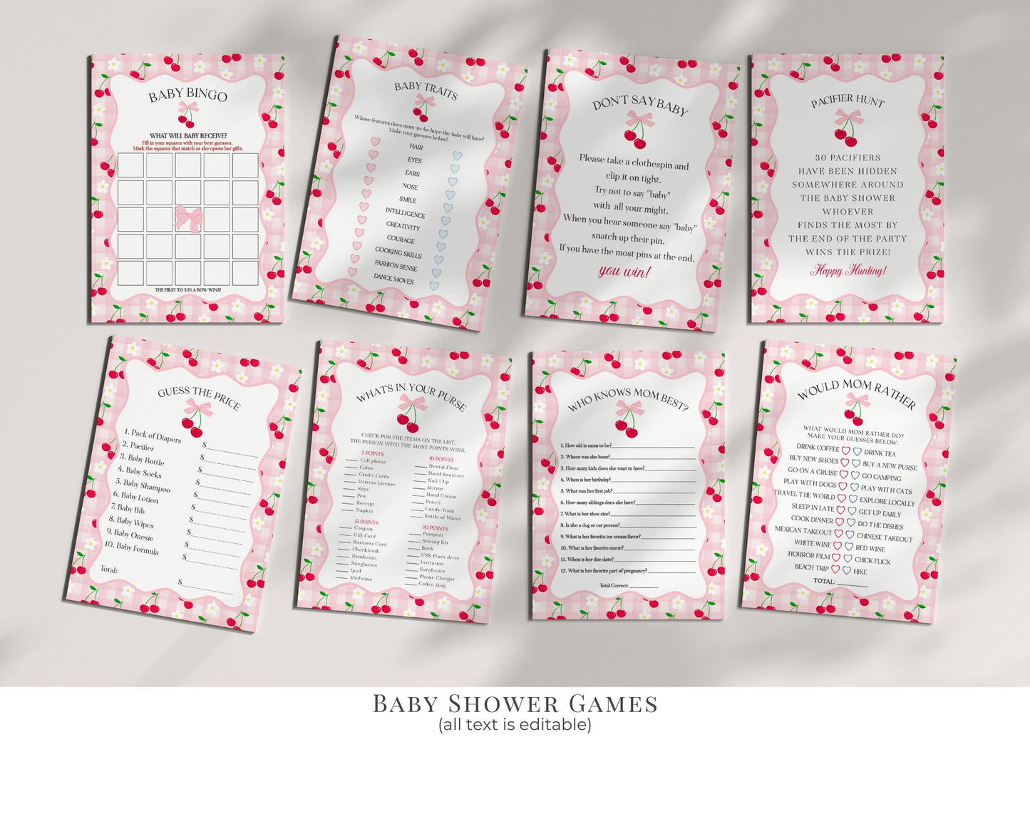 Pink Cherry Gingham Baby Shower Bundle Printable Template, Coquette Sweet Cherry on Top Baby Sprinkle, Pastel Gingham Nesting Party WP1071